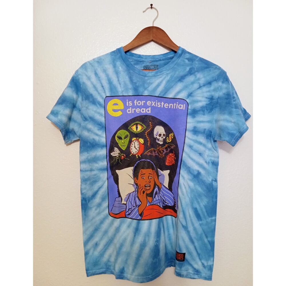 Steven Rhodes E Is For Existential Dread Trippy Humor Tie Dye Graphic Tee SZ S